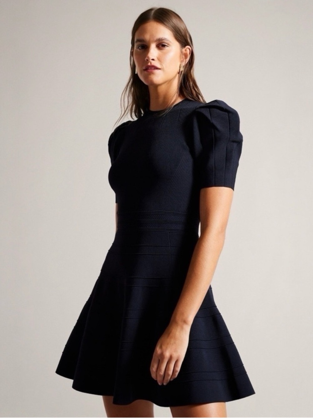 Ted Baker Black Puff-Sleeve Flared Mini Dress